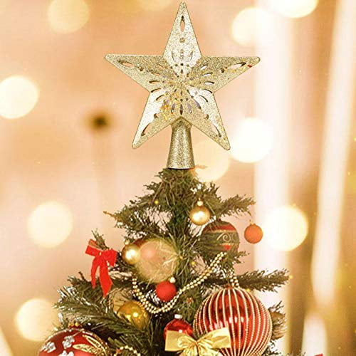 Gold Christmas Tree Topper Star Lighted 3D LED Light Christmas Tree Top Snowflake Projector for Indoor Christmas Tree Decorations